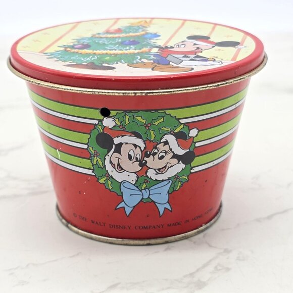 Vintage Disney Mickey Minnie Christmas Tree Round Tin Box Container Hong Kong - Picture 2 of 8